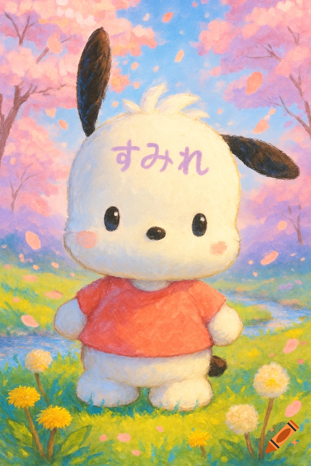 Pochacco, a white cartoon dog character, wears a red shirt in a vibrant field with dandelions and falling pink cherry blossoms. Japanese text "すみれ" is on its forehead.