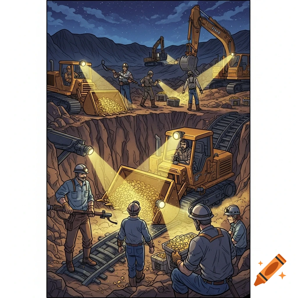 Comic illustration of miners using heavy machinery to extract gold at night under spotlights.