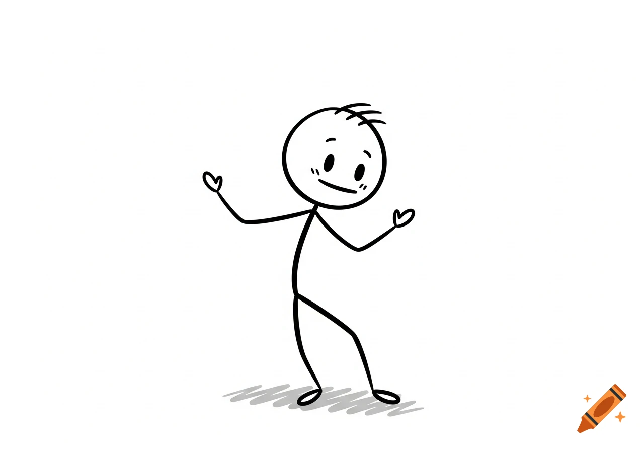 A black outline stick figure with large eyes and a smile, arms raised, standing on a white background.