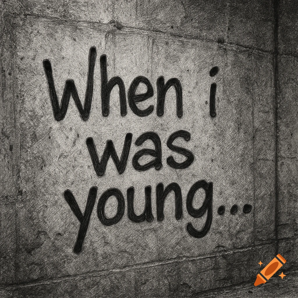 Black and white sketch of a concrete wall with "When i was young..." written on it.