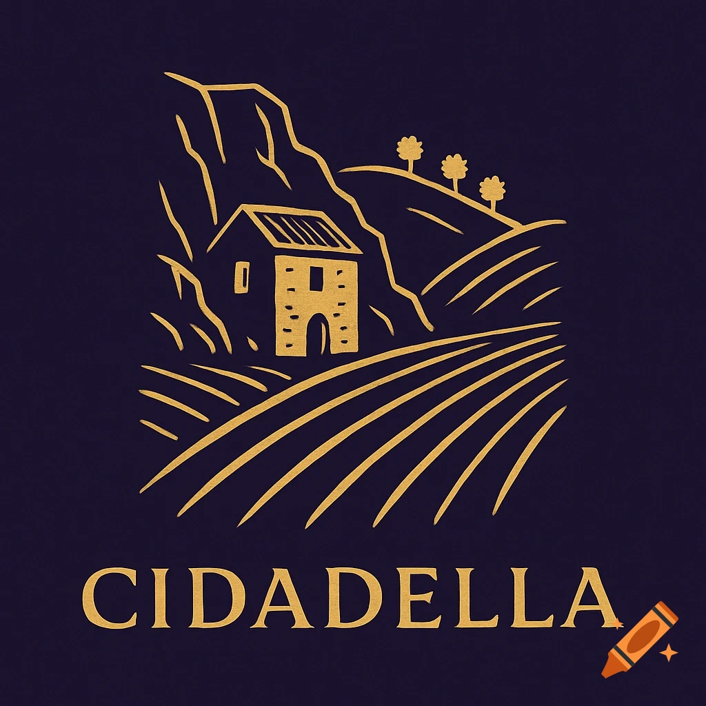 Elegant gold and deep purple logo for Cidadella, featuring a rustic stone house nestled in a rocky cliff above vineyard rows.