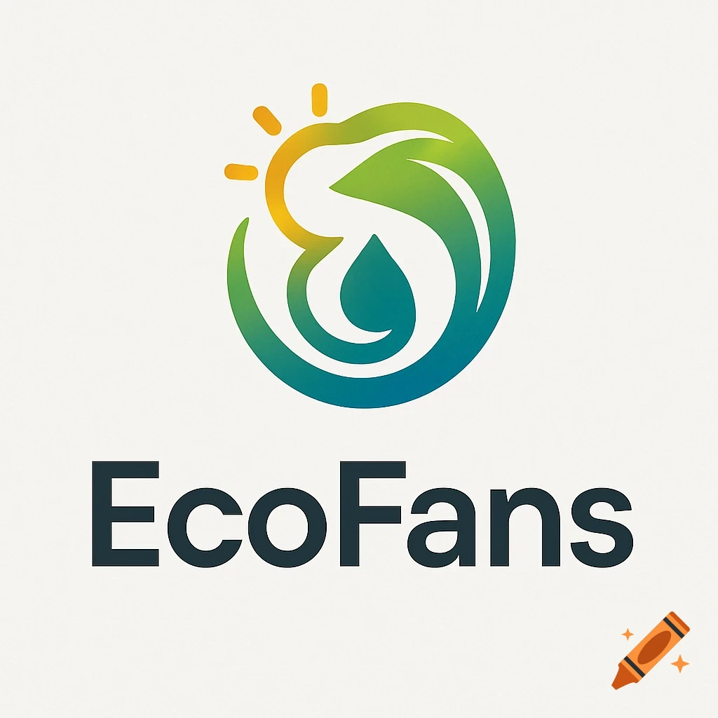 EcoFans logo featuring a stylized sun, leaf, and water droplet in green, blue, and yellow on a white background.