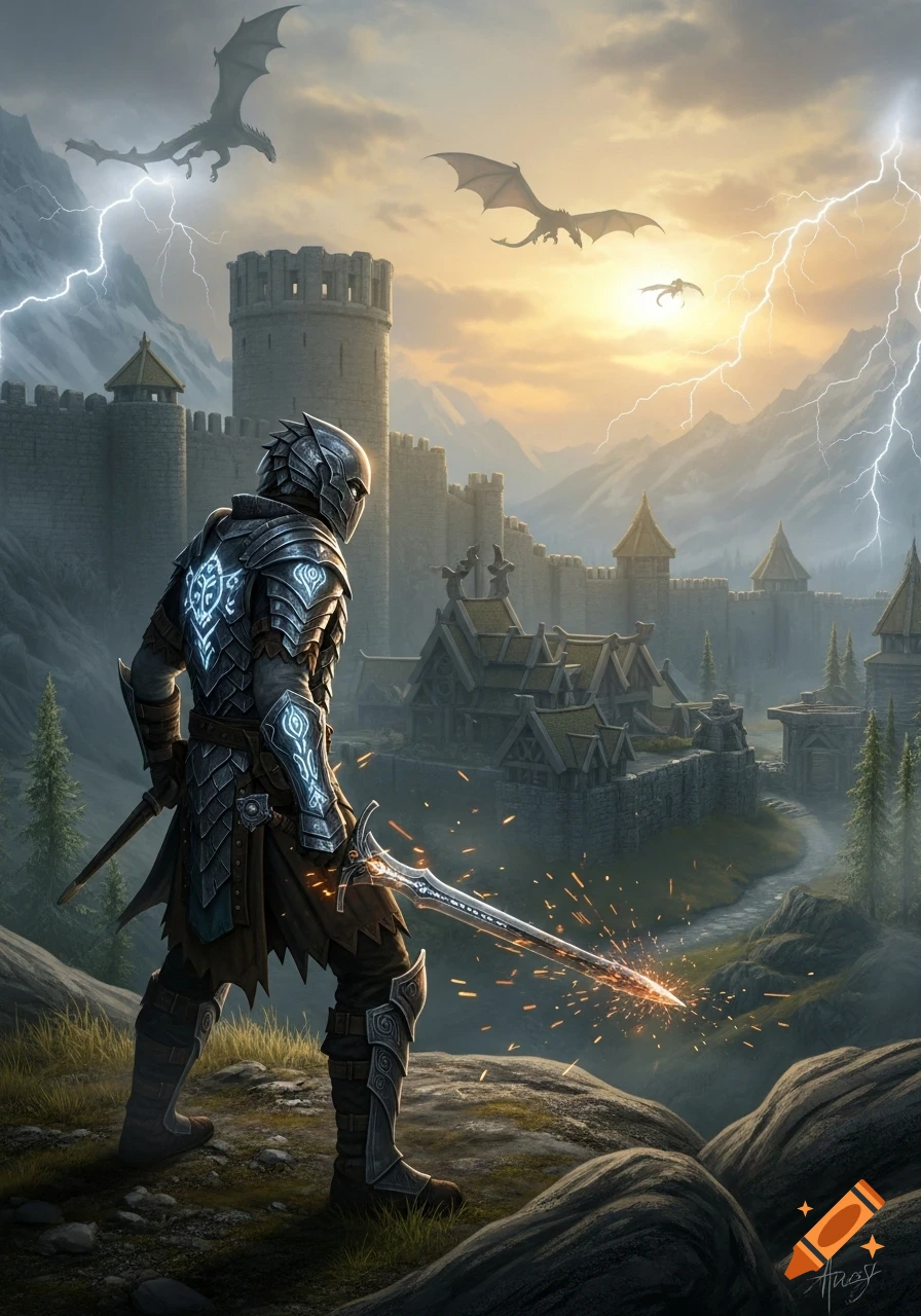 A knight in glowing armor stands on a cliff overlooking a castle under a lightning storm, facing several flying dragons at sunset.