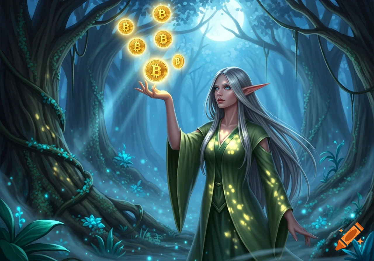 A fantasy elf with long white hair balances glowing golden Bitcoin symbols in a magical, moonlit forest, digital art.