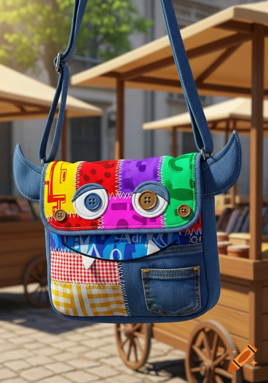 A colorful patchwork denim cross-body monster bag with button eyes and white teeth, hanging outdoors in a photorealistic style.