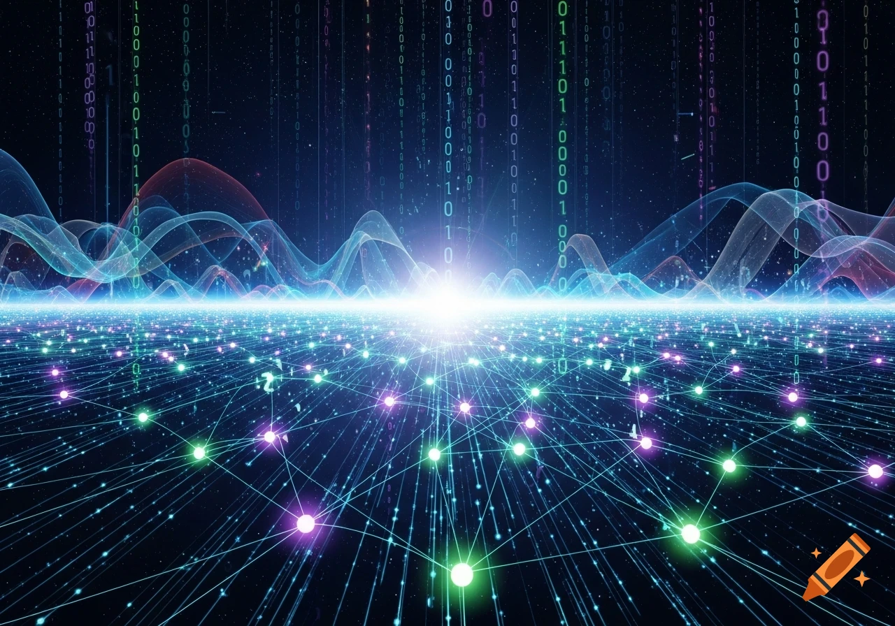 An abstract digital landscape with glowing nodes connected by lines, binary code streams, and undulating light waves, representing data and connectivity.