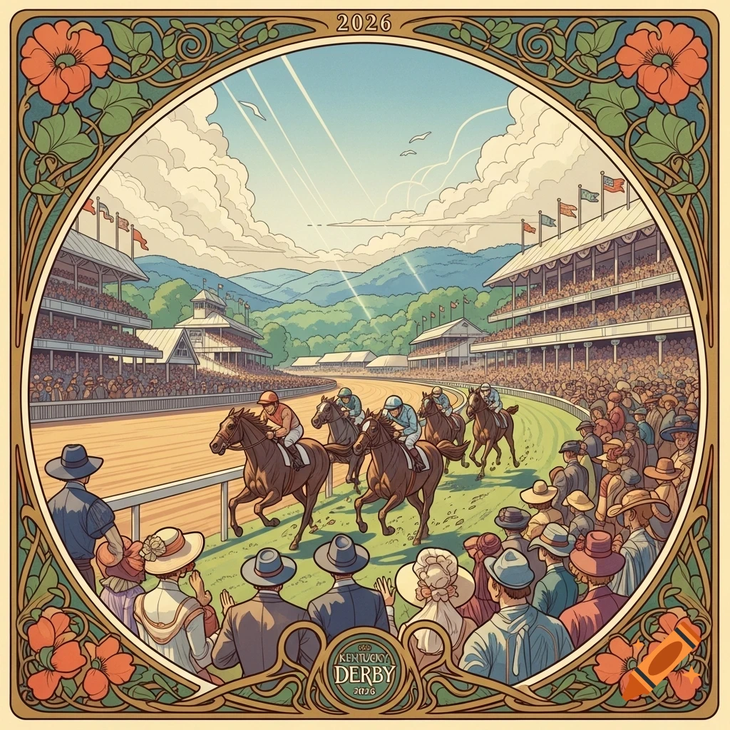 Art Nouveau illustration of the Kentucky Derby horse race in 2026, with horses, jockeys, and a large crowd.