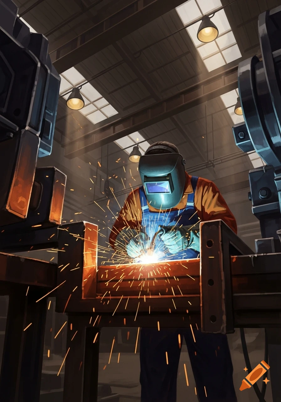 A welder in a blue and orange uniform and protective mask creates bright sparks while working on metal in a dimly lit factory.