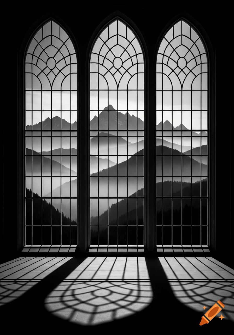 Black and white image of three gothic arched windows looking out onto misty mountain ranges, with intricate shadows cast on the floor.