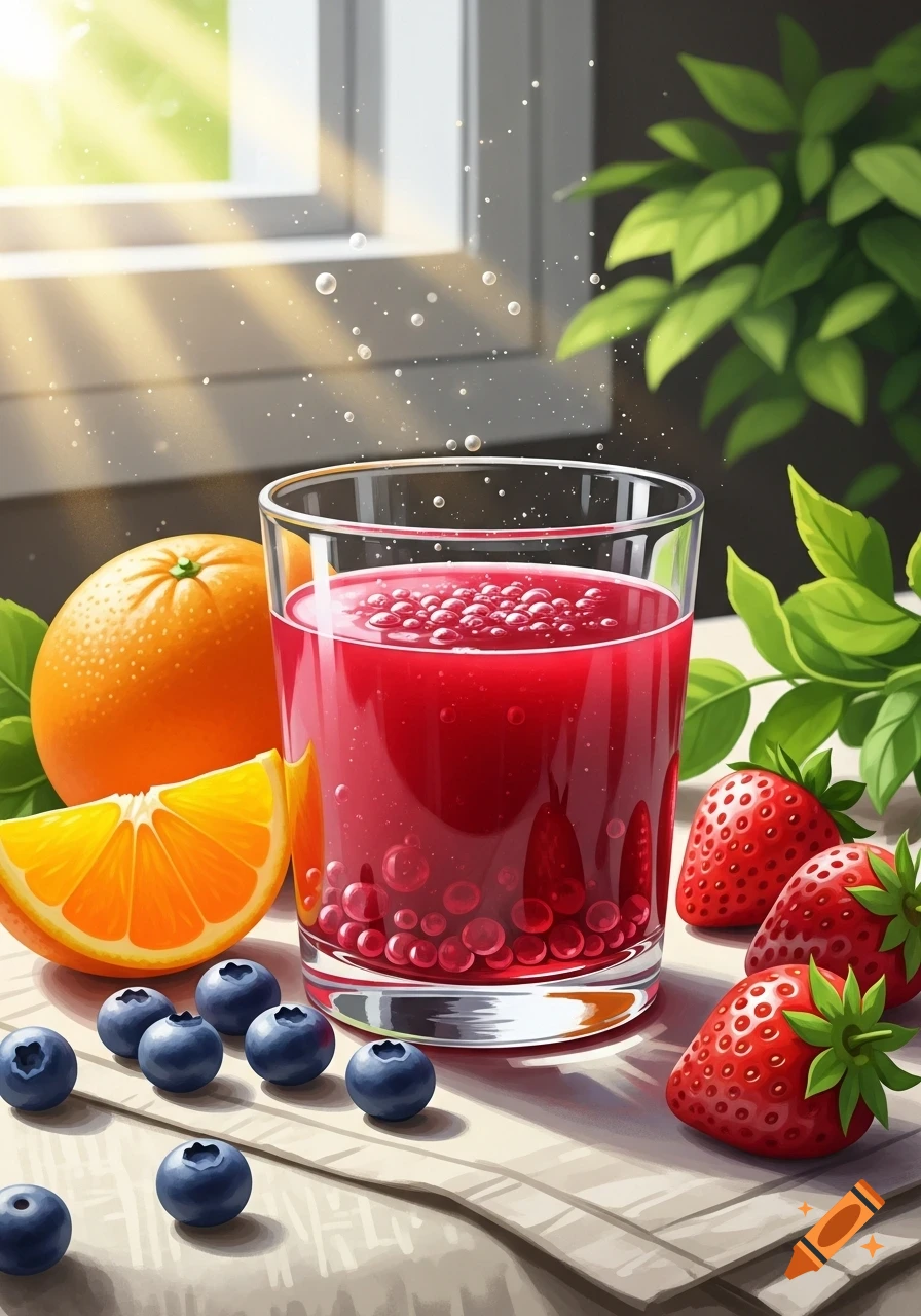 A vibrant glass of red berry juice with bubbles, surrounded by fresh oranges, strawberries, and blueberries on a table next to a sunlit window.