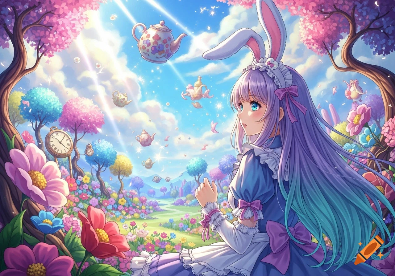 Anime girl with bunny ears and purple-teal hair in a blue dress, looking right in a dreamy wonderland with floating teapots, clocks, and vibrant flowers.