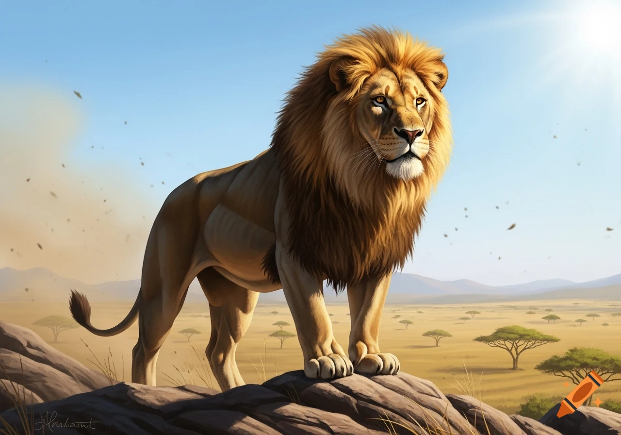 A majestic lion with a golden mane stands proudly on a rock, overlooking a sunlit savanna with acacia trees in a detailed art illustration.