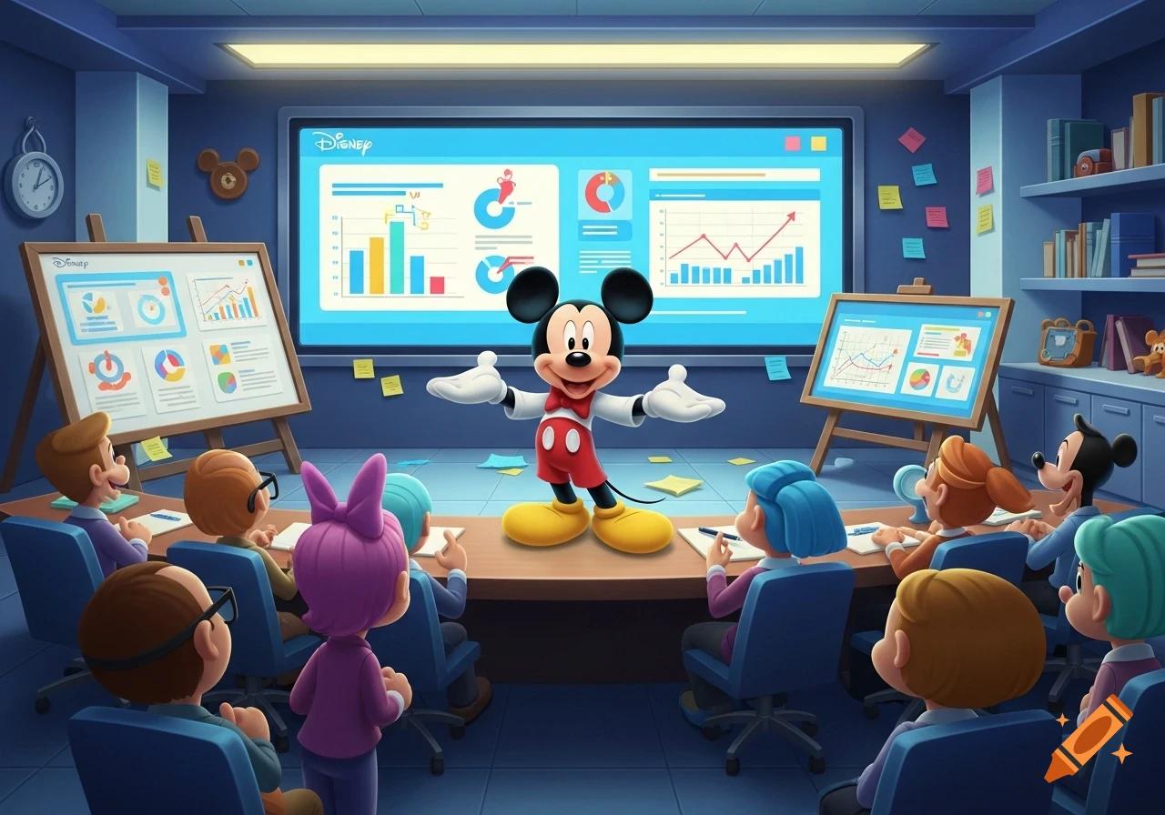 Mickey Mouse gives a presentation in a conference room to cartoon characters, with charts on a large screen and whiteboards.