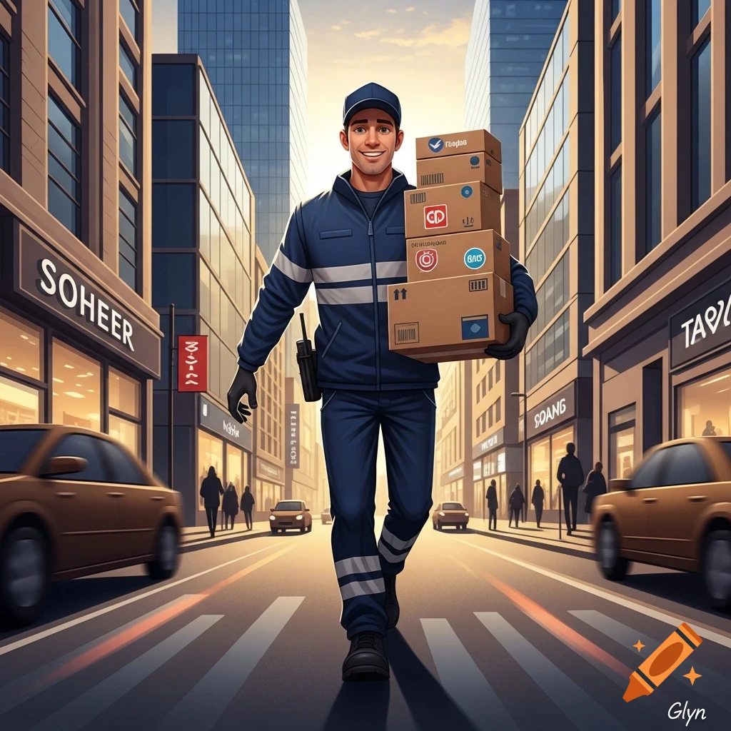A smiling, fit delivery man in a blue uniform and cap walks down a city street, carrying a stack of cardboard packages. Cars and buildings line the street.
