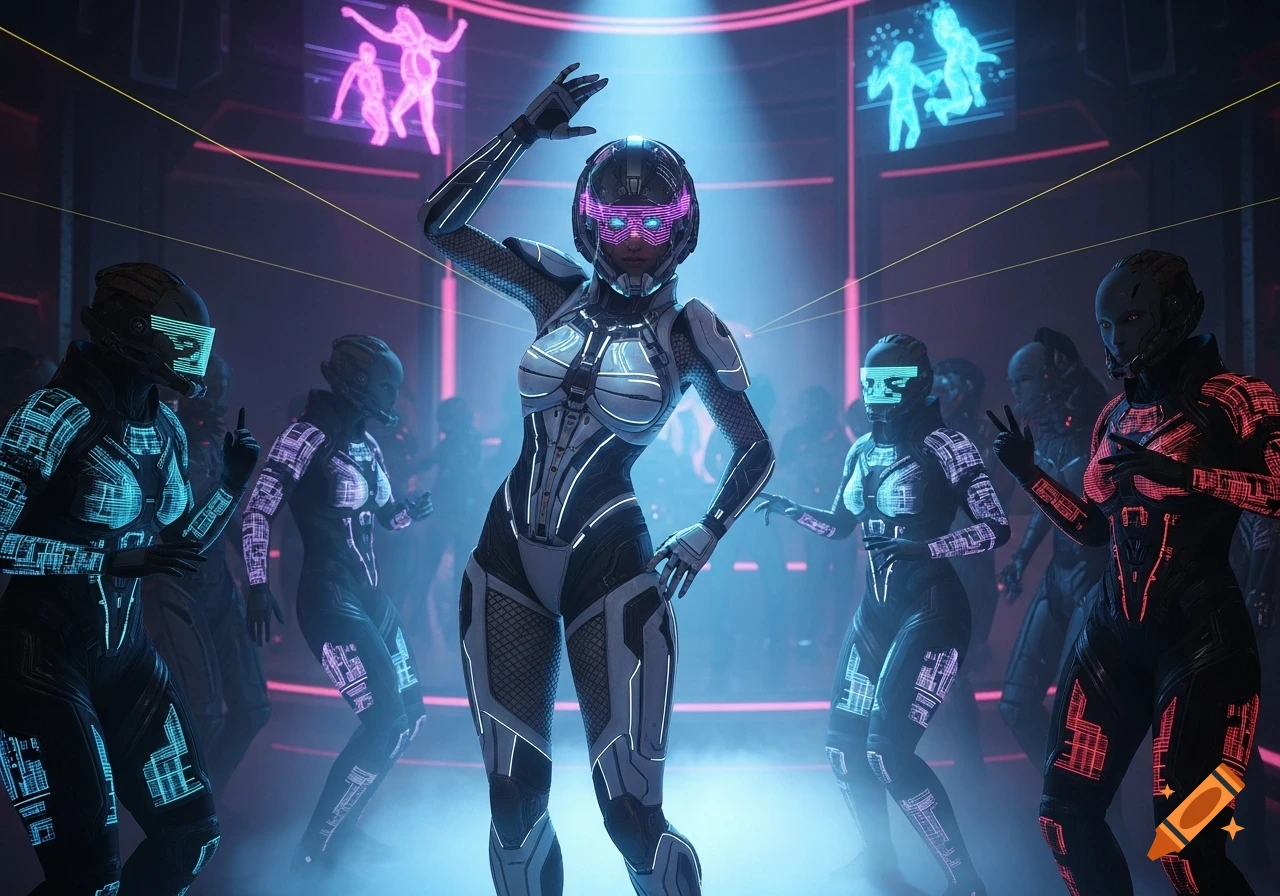 A female in a futuristic armored suit with glowing purple visor dances in a smoky cyberpunk nightclub with other masked figures under neon lights.