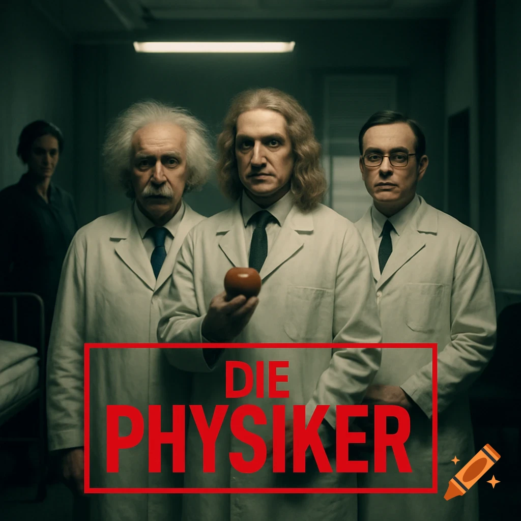 Three men in lab coats, one resembling Einstein and another Newton holding an apple, stand in a dimly lit room with "DIE PHYSIKER" text.