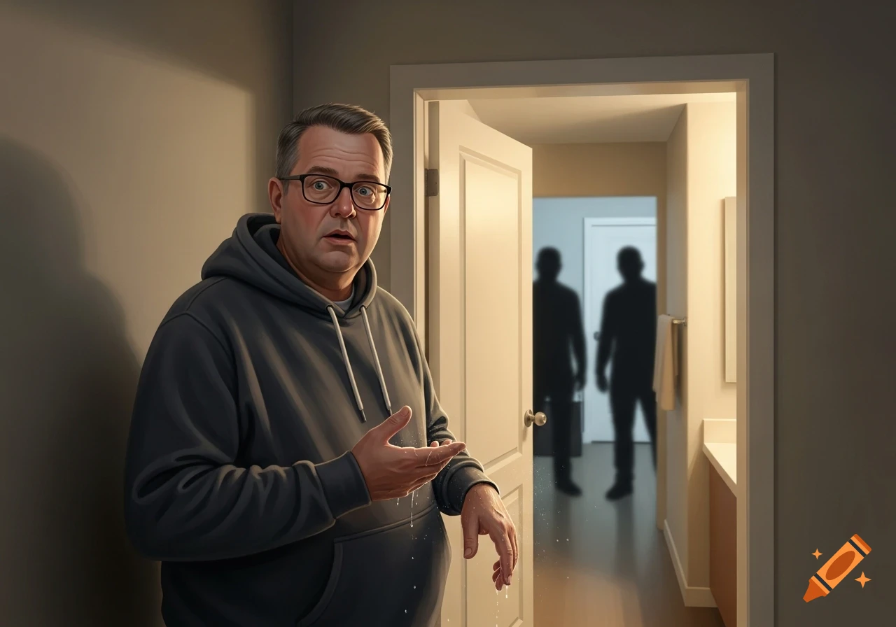 A startled man with wet hands stands in a hallway, looking at two shadowy figures in a doorway.