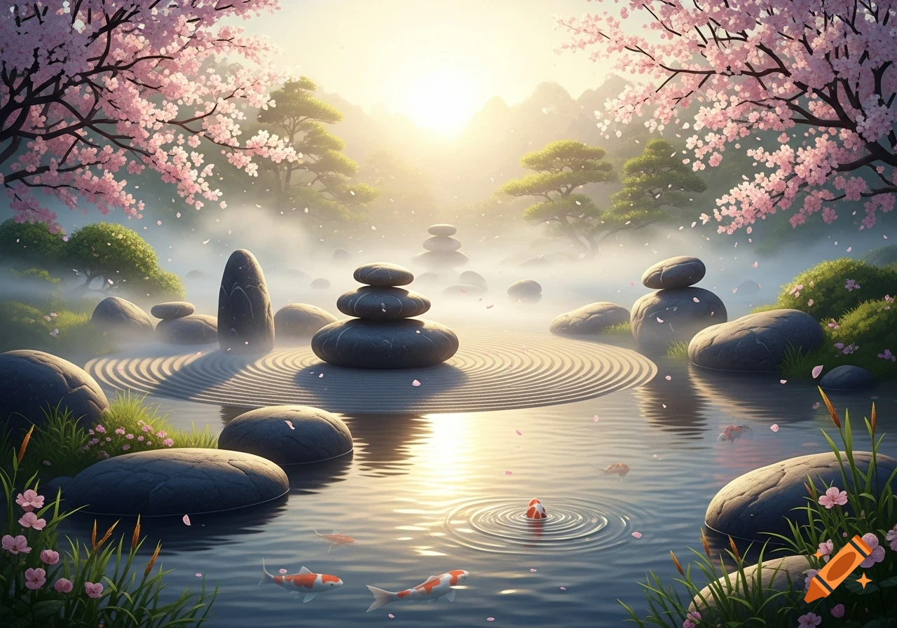 Serene Japanese zen garden with stacked rocks, koi fish in water, and pink cherry blossoms under a golden sunlit sky.