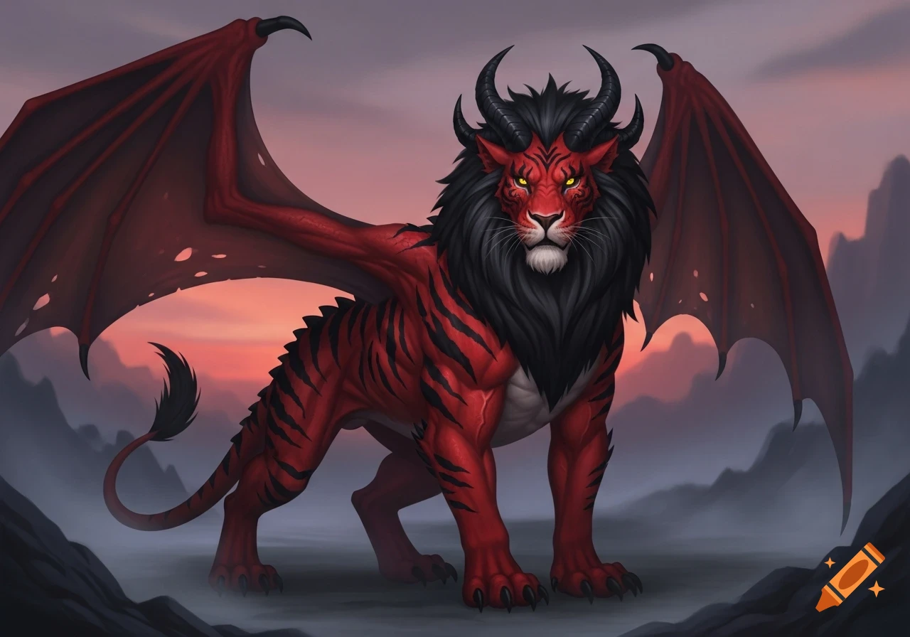 A majestic red manticore with a black mane, tiger stripes, black demon ...
