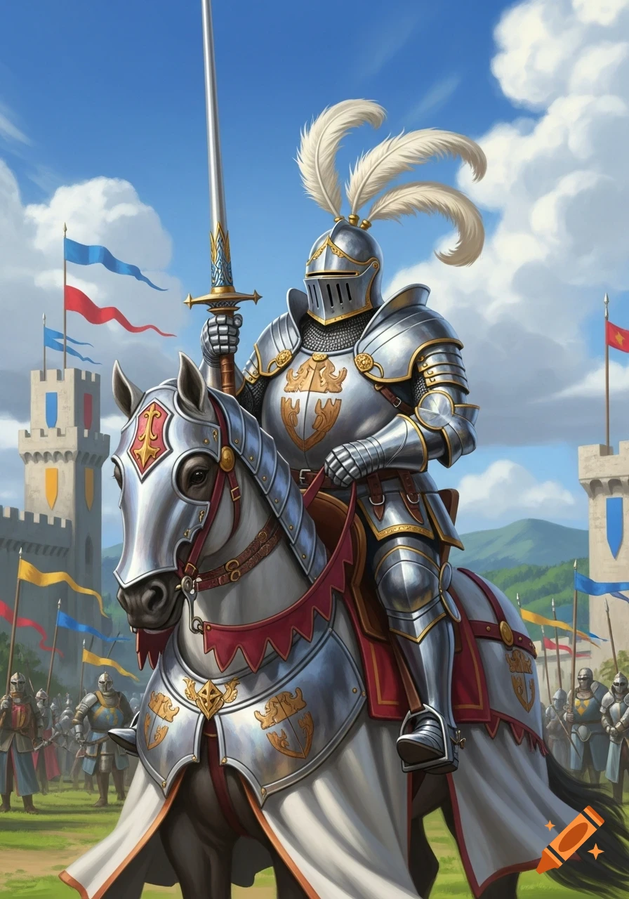 A majestic knight in shining silver and gold armor, holding a sword high, rides a white armored horse in front of a castle.