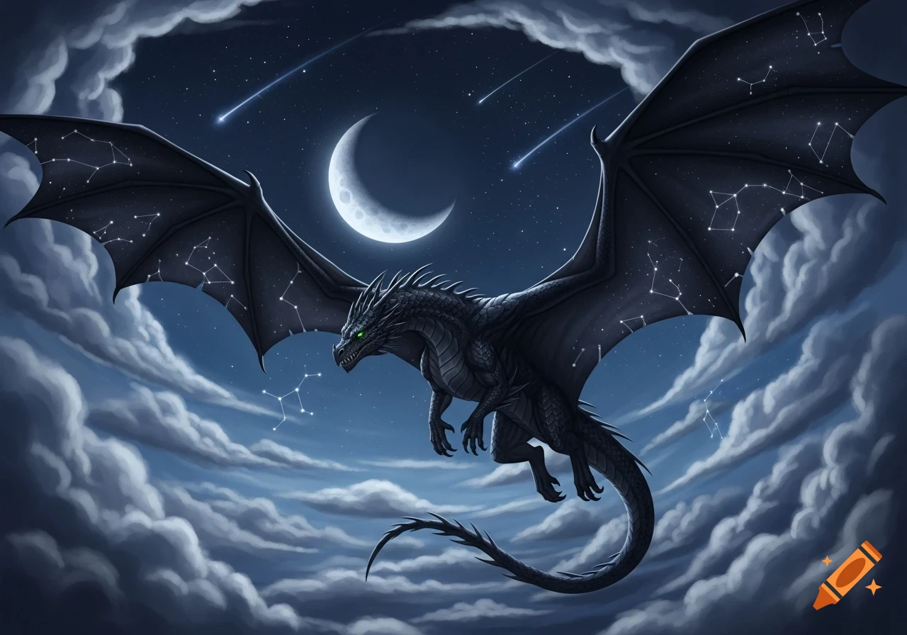 A majestic black dragon with starry wings and green eyes soars through a cloudy night sky under a bright crescent moon and shooting stars.