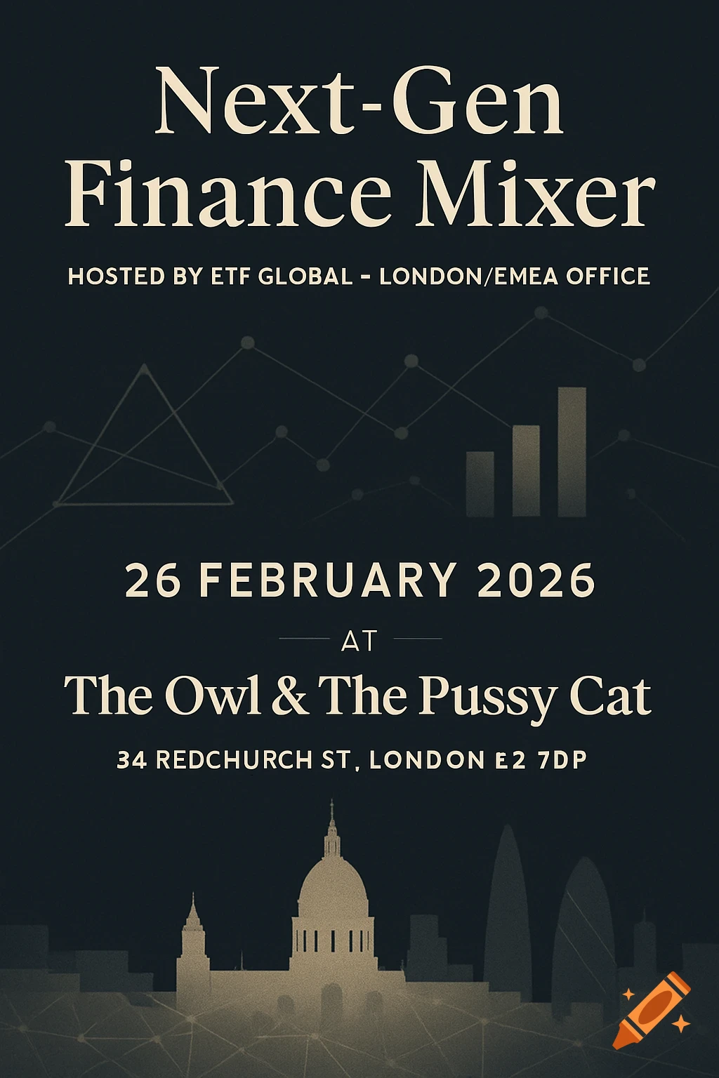 Modern event poster for a 'Next-Gen Finance Mixer' in London, with abstract graphics and city skyline.