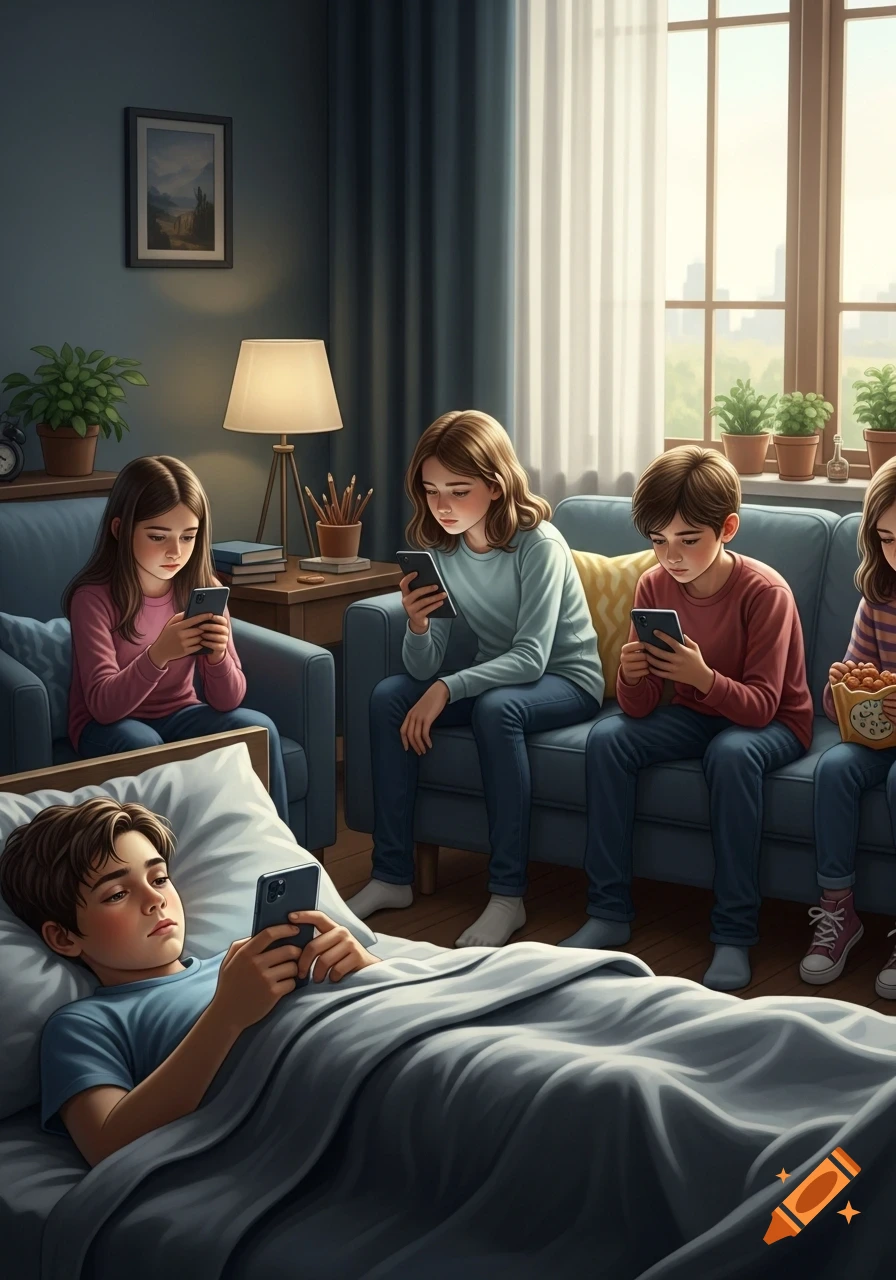 Five children, four sitting on sofas and one in bed, are engrossed in their smartphones in a photorealistic living room.