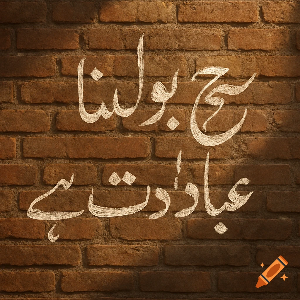 Urdu calligraphy 'Speaking the truth is worship' written in white chalk on a rustic brick wall.