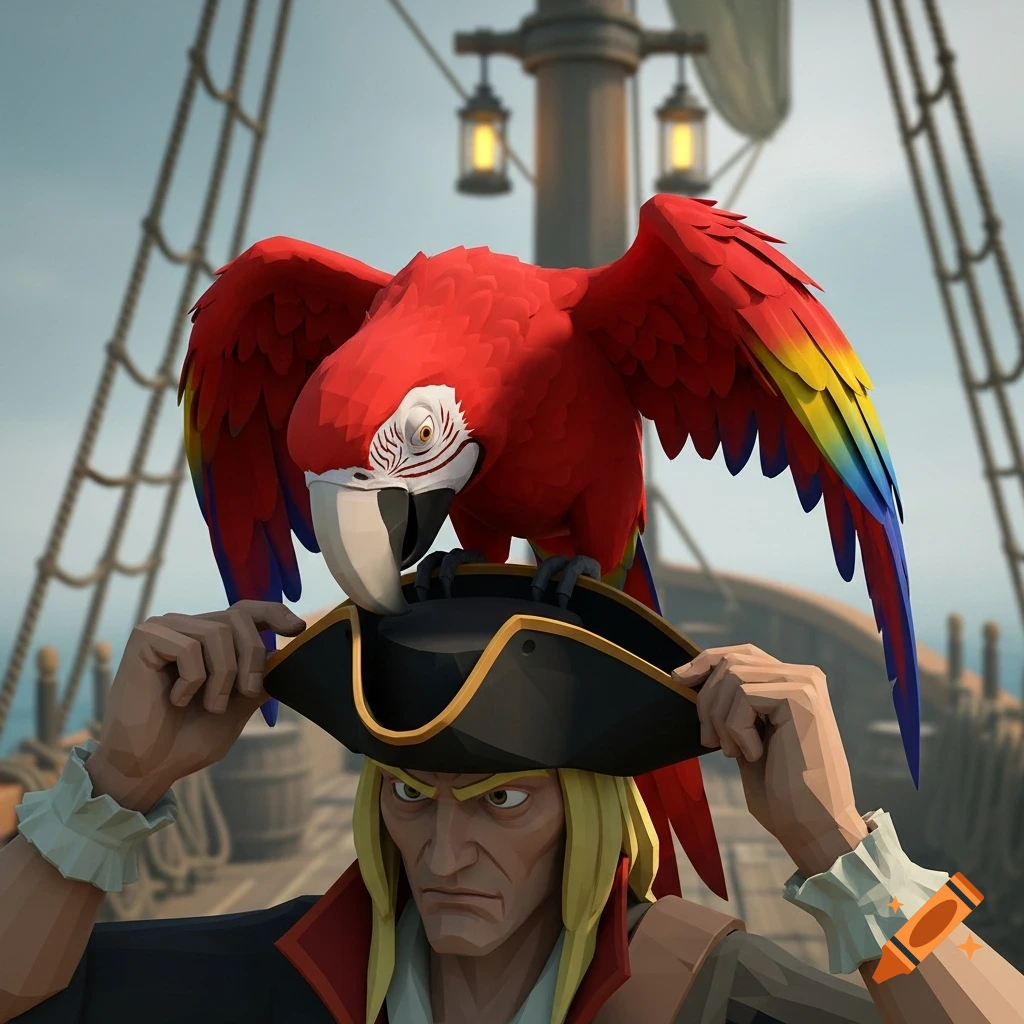 A stylized, low-poly blonde pirate captain holds his tricorn hat while a red parrot with colorful wings perches on it, on a ship's deck.