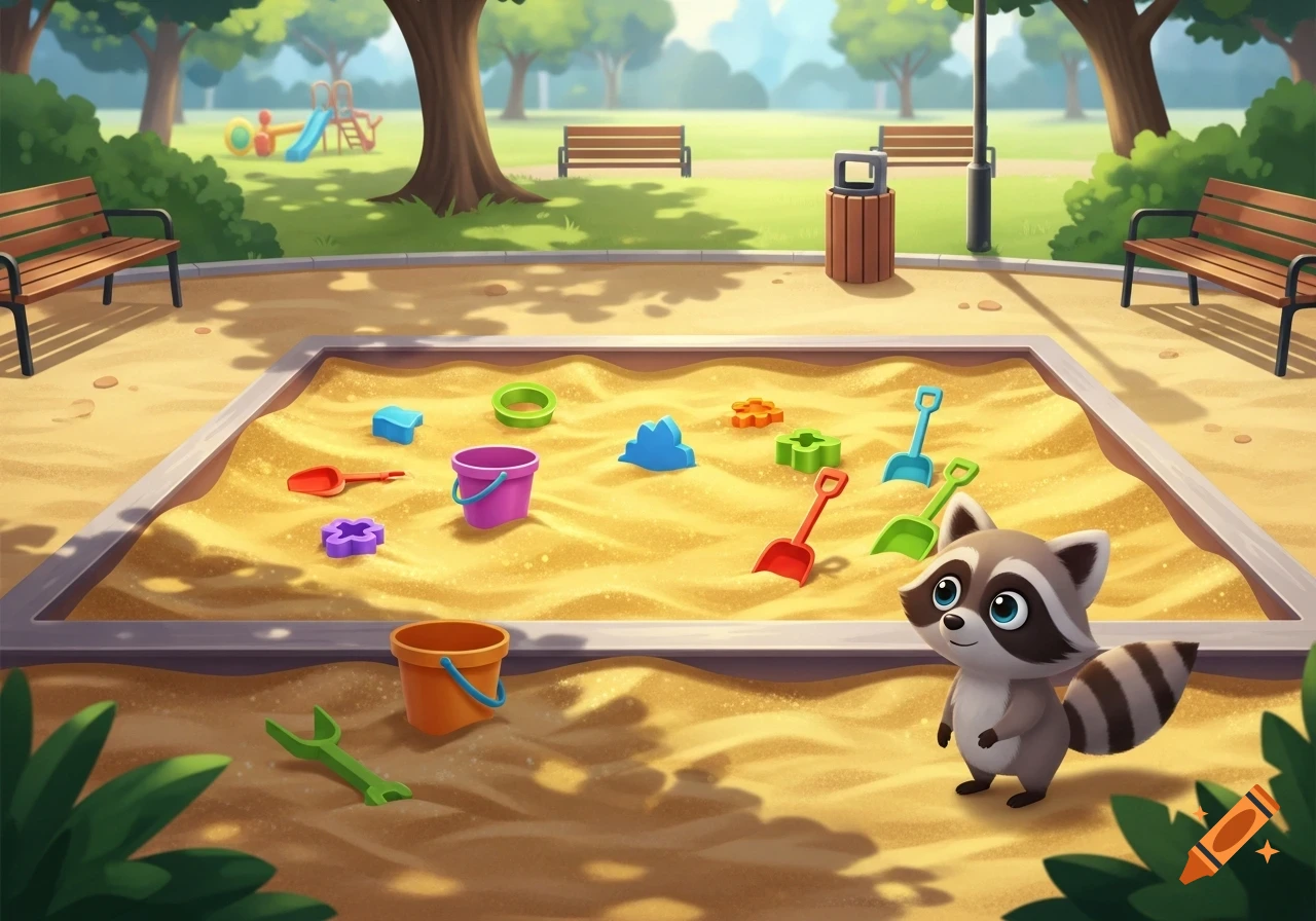 A cute cartoon raccoon stands next to a sandbox filled with colorful toys in a sunny public park.