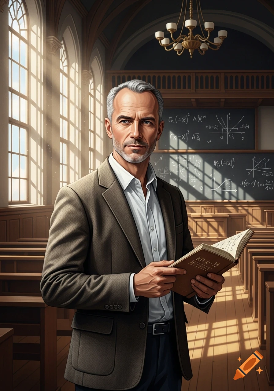 A distinguished male professor with gray hair and a short beard holds a book in a sunlit classroom with equations on a blackboard.