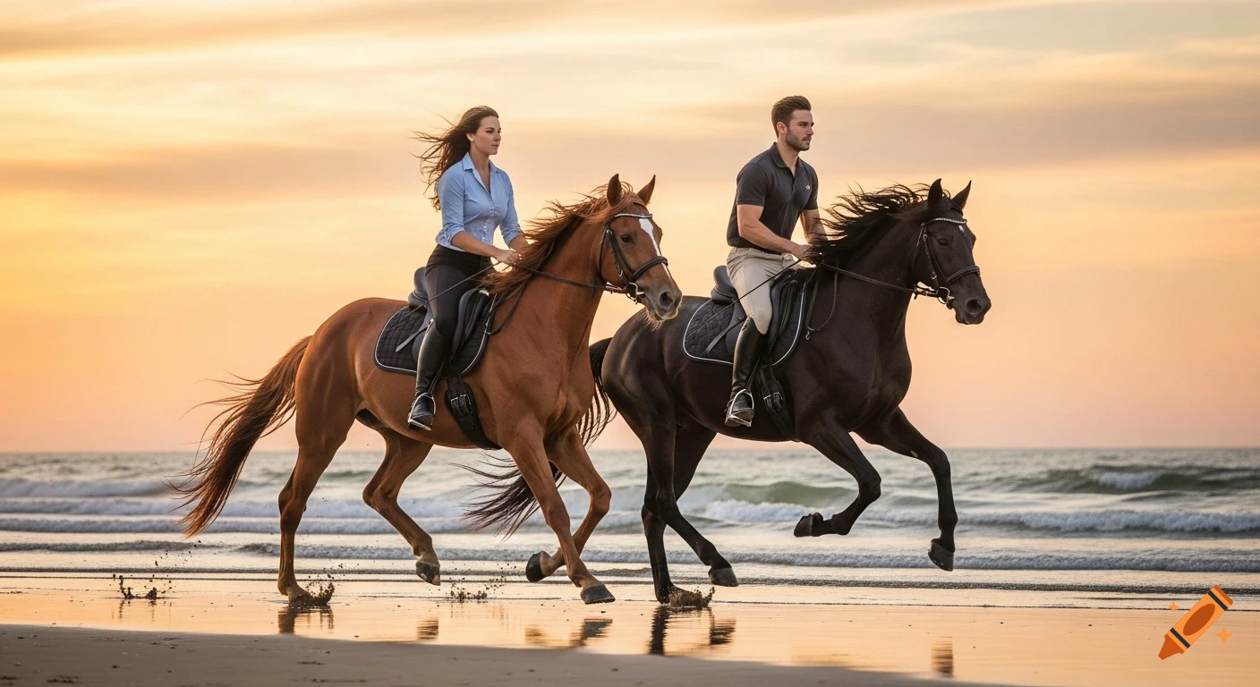Two people riding a brown and a black horse along a beach at sunset, with waves in the background.