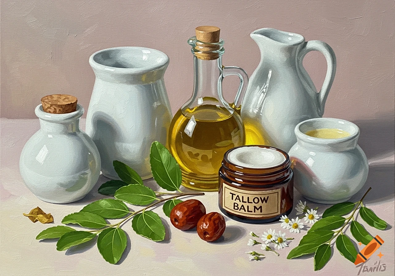 Oil painting still life of white ceramic pots, olive oil, a jar of tallow balm, green leaves, jujube fruits, and white daisies.