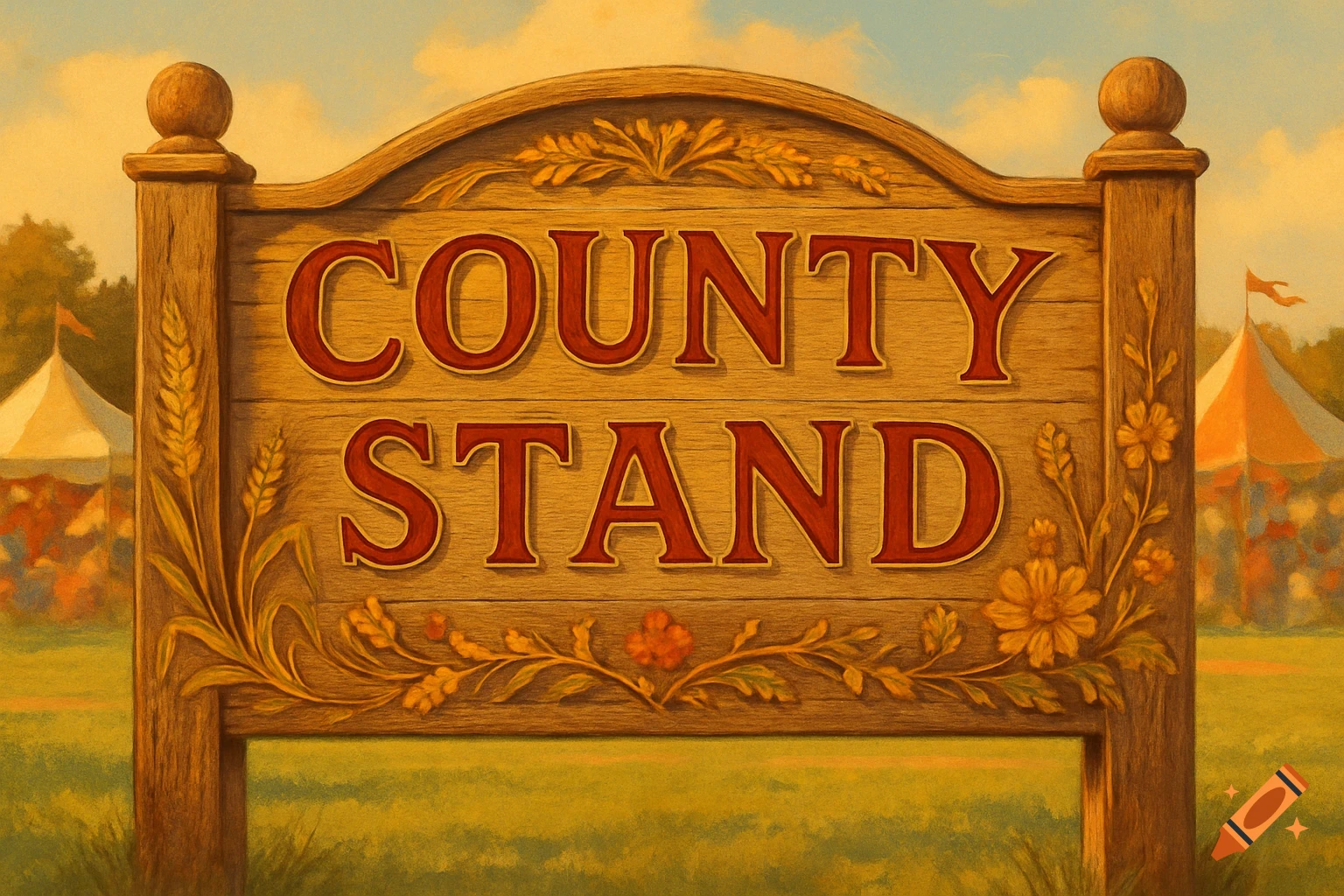 A wooden sign with "COUNTY STAND" in red letters, adorned with carved foliage, stands in a field with fair tents in the background, in a painterly style.