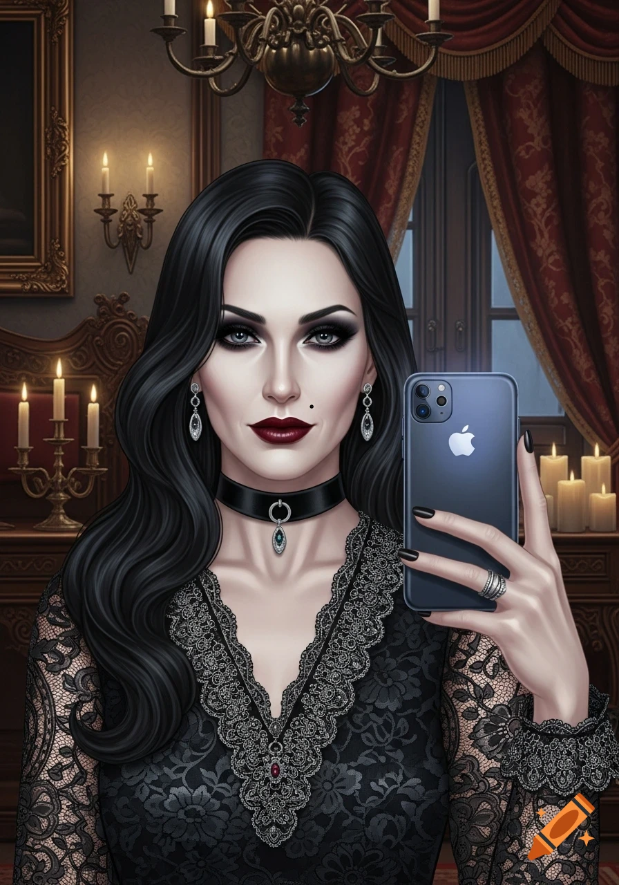 A goth woman with dark hair and makeup, wearing a black lace dress, takes a selfie with a smartphone in an ornate, candlelit room.