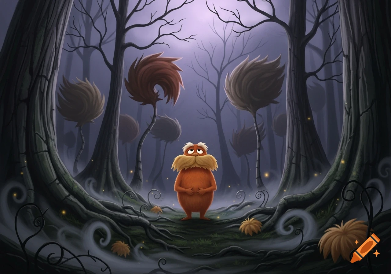 The Lorax stands sadly in a dark, misty forest with twisted bare trees and withered truffula trees, in a stylized illustration.
