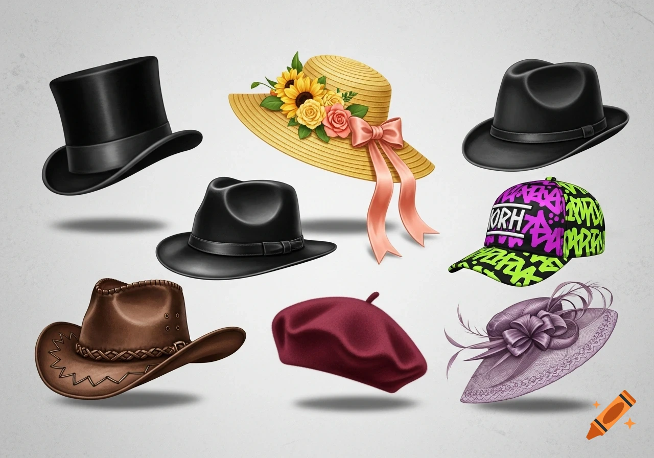 Seven different hats, including a black top hat, a straw sun hat with flowers, two black fedoras, a brown cowboy hat, a burgundy beret, and a vibrant green and purple baseball cap with abstract text.