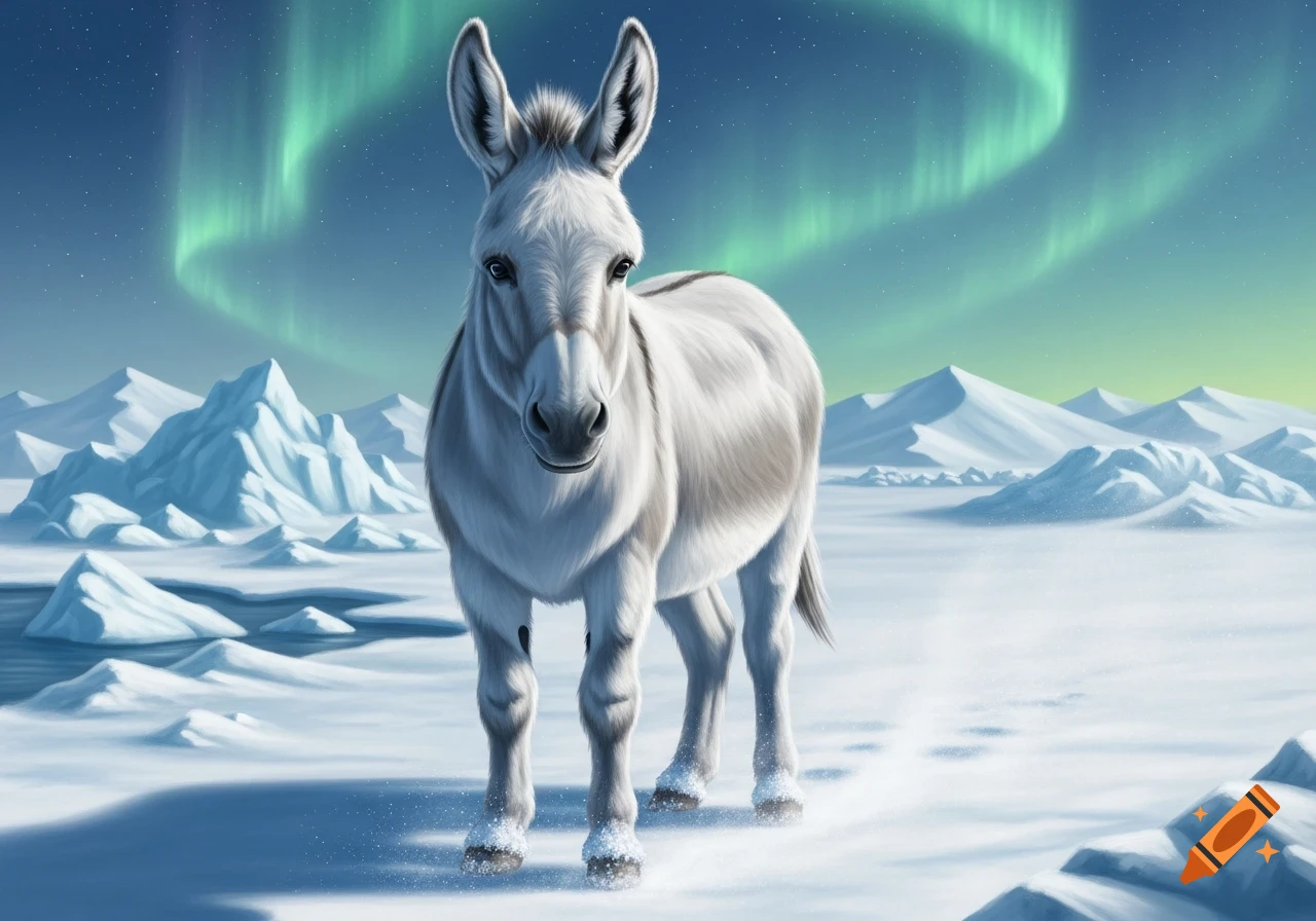 A white donkey stands in a snowy arctic landscape under a sky lit by the green aurora borealis.