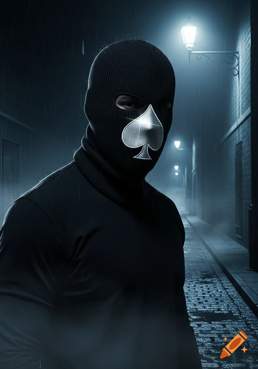 A person in a black balaclava with a shining silver spade symbol on the face stands in a dark, rainy alley lit by streetlights.