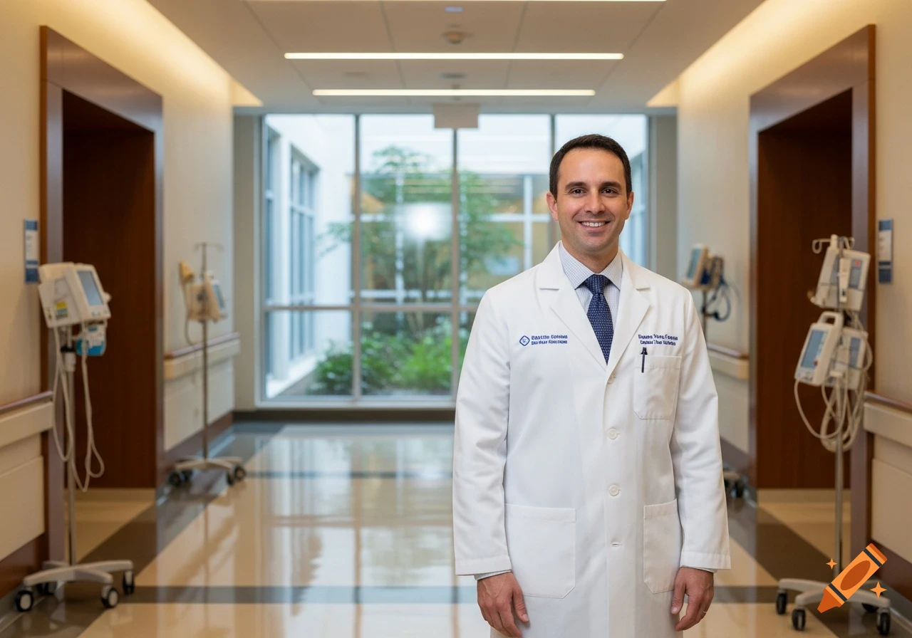 A smiling male doctor in a white lab coat and tie stands in a bright hospital hallway with medical equipment.