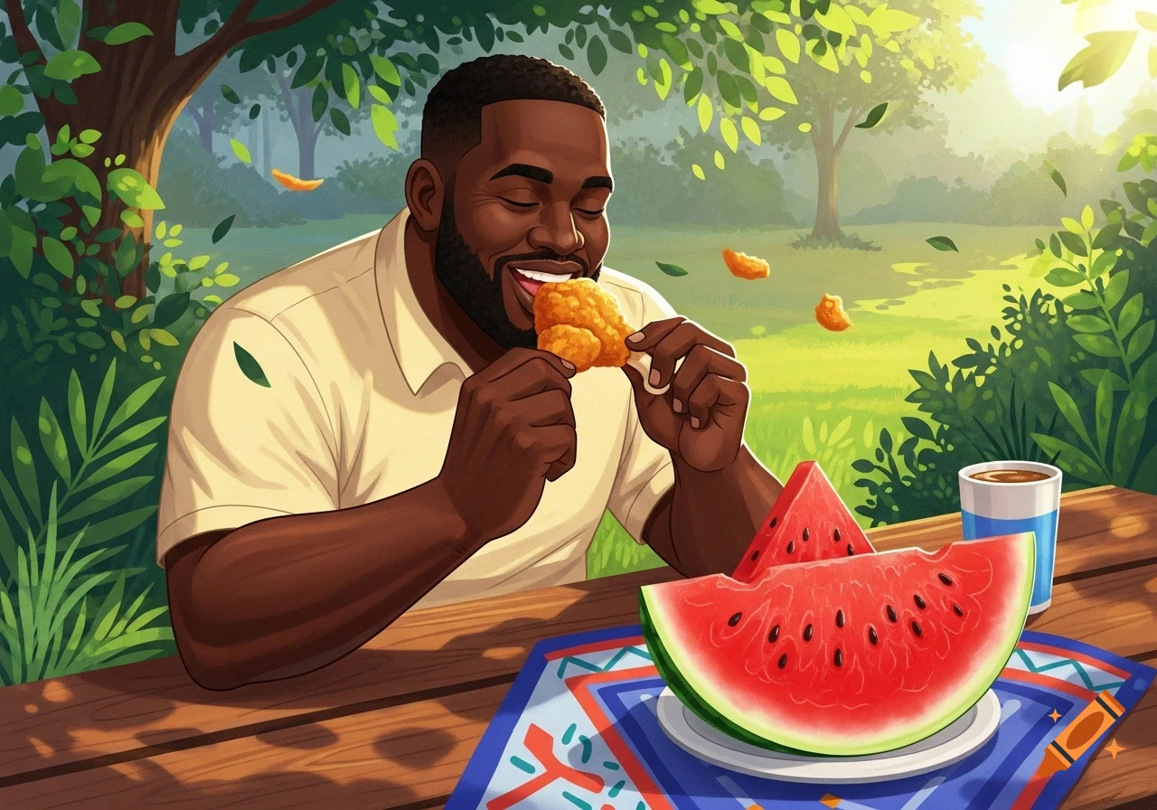 A man enjoys a picnic outdoors, eating fried chicken and watermelon from a table with a patterned cloth in a sunny park.