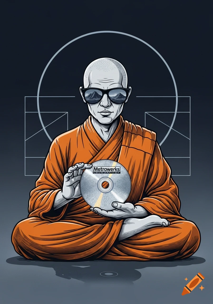 An illustration of a bald monk in orange robes and sunglasses sitting cross-legged, holding a CD with 'Metrowerks CodeWarrior' text.