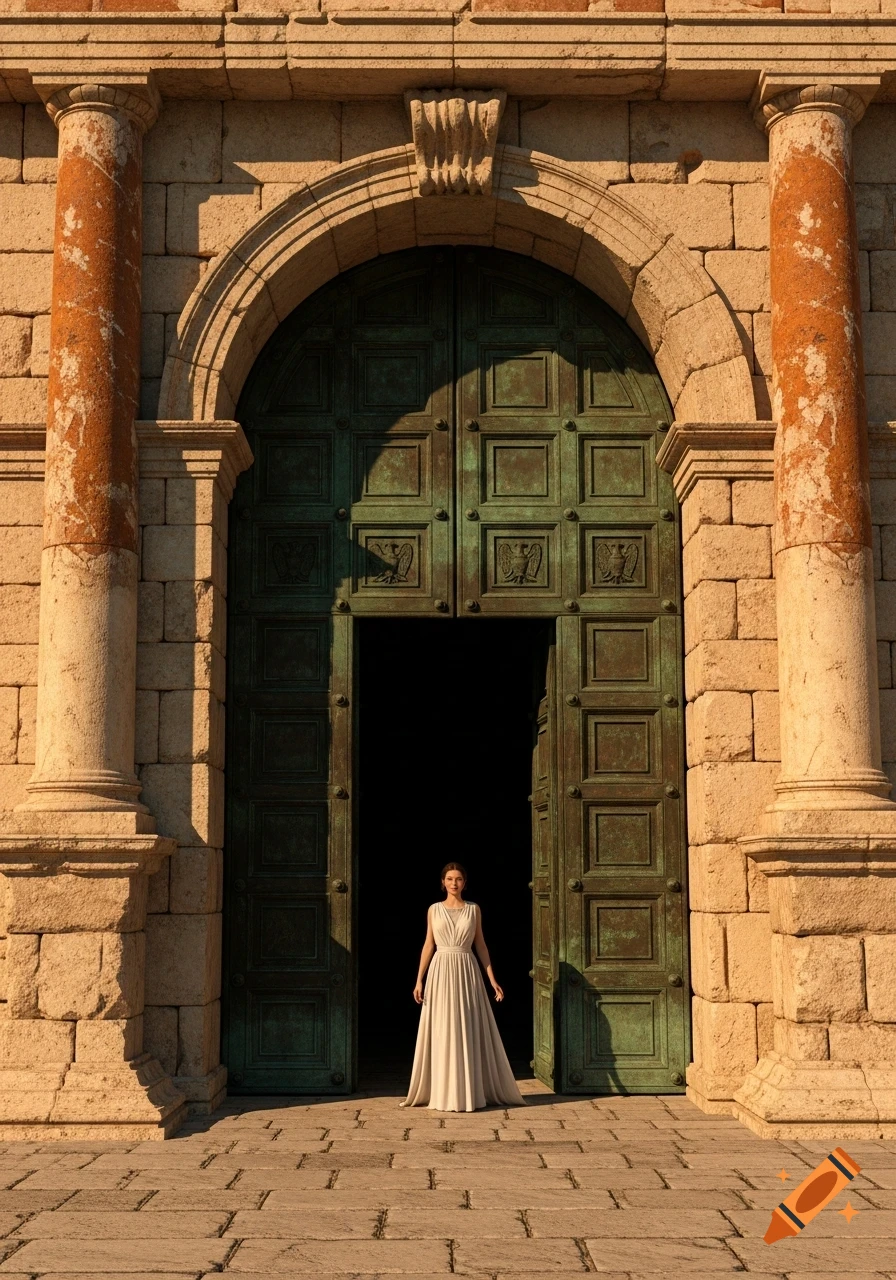 A woman in a white gown stands in a grand stone archway with a large, ornate green bronze door, bathed in sunlight.