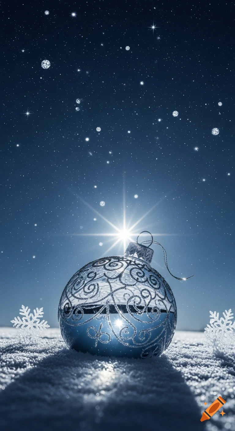 A blue and silver Christmas ornament rests on sparkling snow under a dark blue starry night sky, illuminated by a bright star.