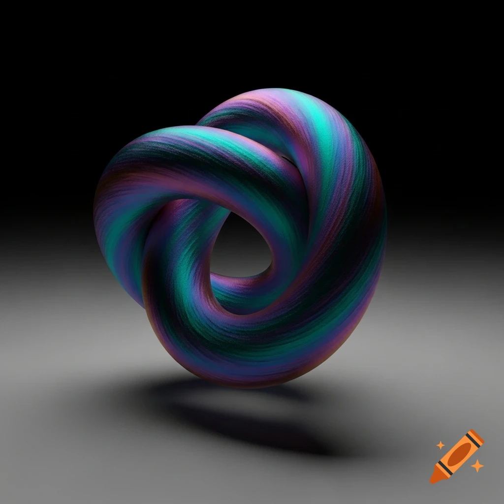 A vibrant, iridescent Möbius toroid with swirling blue, green, and purple textures, casting a shadow on a gray surface.
