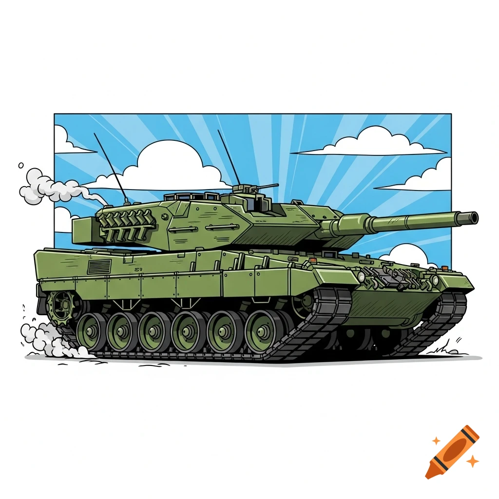 A green cartoon Leopard 2A7 main battle tank drives across a white background with a blue sky and clouds.