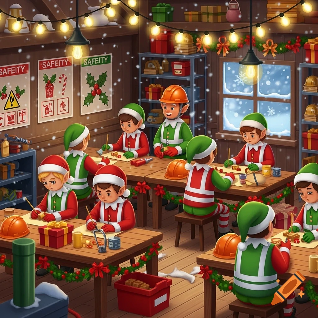 Cartoon elves in a festive workshop with string lights, making toys at wooden tables while snow falls outside a window.