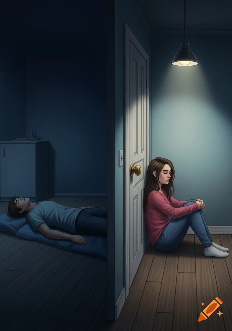 A crying woman sits behind a door while a man lies on the floor in a dark room, illustrating separation and distress.