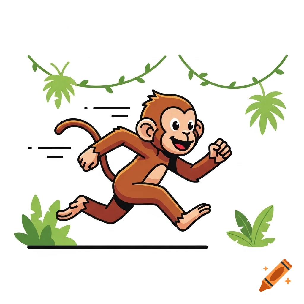 A cartoon monkey with brown fur runs happily to the right, surrounded by green jungle vines and leaves, on a white background.