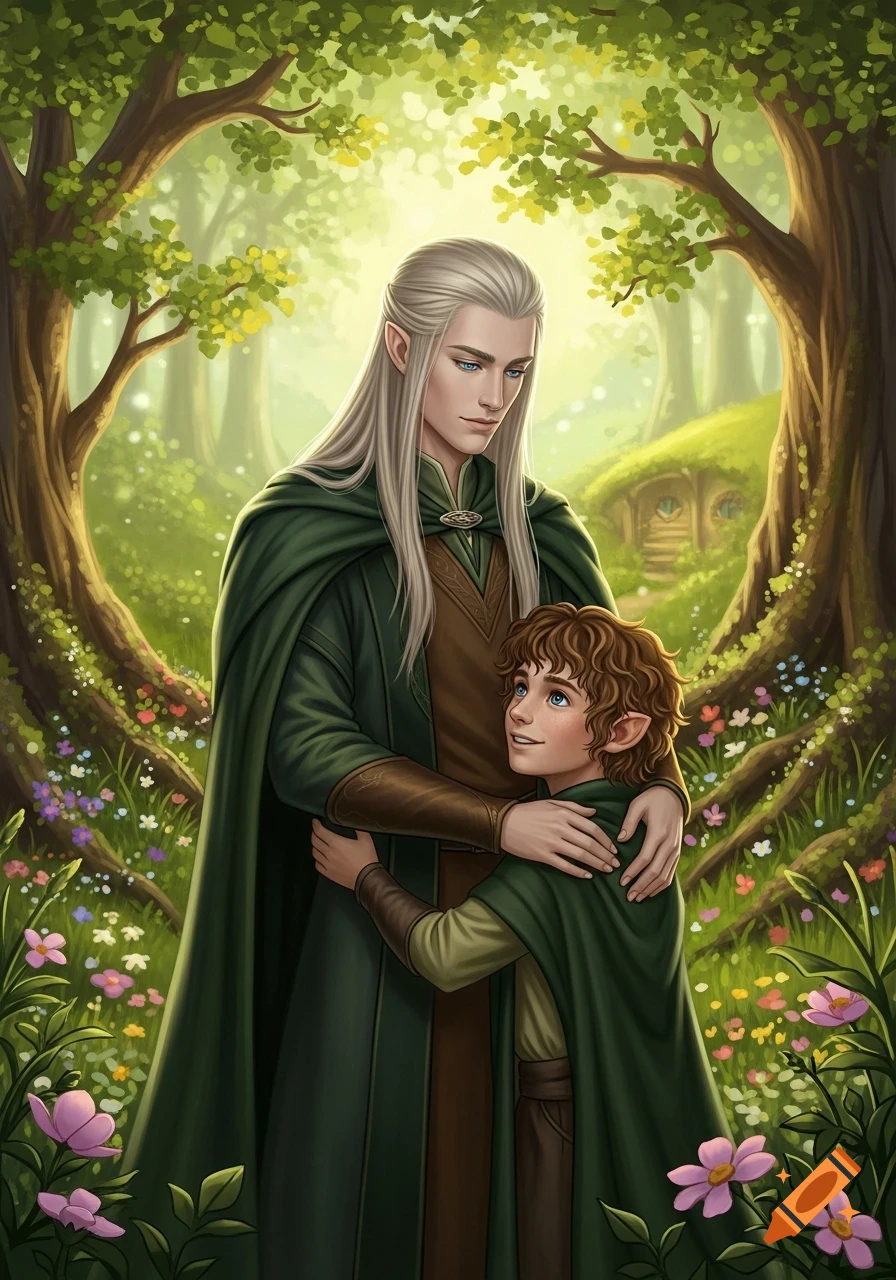 Illustrated fantasy art of a tall elf gently holding a young hobbit in a vibrant, sunlit forest with a hobbit hole.